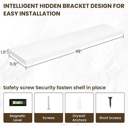48 Inch Floating Shelves, 12 Inch Deep Floating Shelves for Wall, Floating Shelf with Invisible Brackets, Deep Wall Shelves for Bathroom, Bedroom, Living Room, 1 Pack, White
