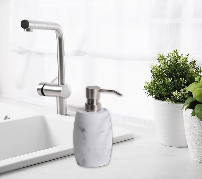 Clasin Home Resin Hand Soap Dispenser, Refillable Soap Dispenser with White Marble Look and Metallic Pump, Waterproof Bottle Labels for Bathroom Kitchen Dish Hand Wash Shower Lotion Shampoo (12 Oz)