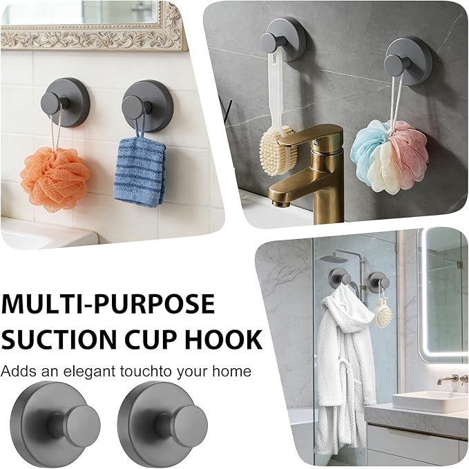 HESUSLA Suction Cup Hooks for Wreaths on Glass,2025 New Model No-Drill Suction Cup Hooks,Wreath Hangers for Front Doors,Metal Towel Hooks for Showers Bathrooms Mirrors(2 Pack,Gray)