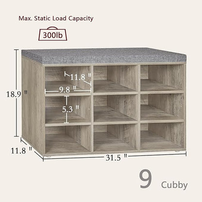 DINZI LVJ Shoe Bench, 9 Cubbies Shoe Organizer for Entryway, Storage Bench with Cushion, Cubby Shoe Rack with Adjustable Shelves for Living Room, Bedroom, Mudroom, Hallway, Gray Wash