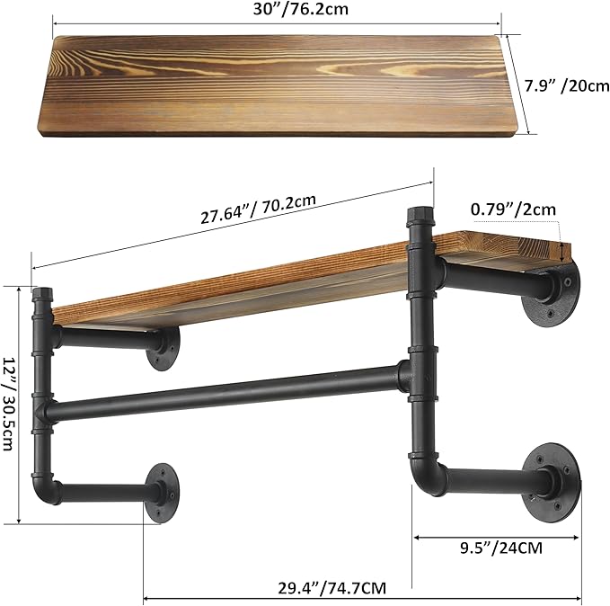 WEBI Wall Mounted Clothes Rack with Shelf,30" Industrial Pipe Clothing Rack with Shelf with Hanging Rod,Heavy Duty Iron Garment Rack Bar,Retail Display Clothes Rod for Laundry Room,Closet,Black
