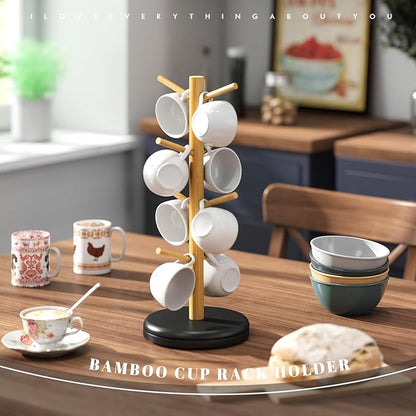 Mug Holder Tree 360° Rotated Mug Tree Coffee Cup Holder Bamboo Rack Stand 8 Hooks for Countertop Cup Rack Kitchen Coffee Bar Organizer Decorative Mug Racks (Natural+Black)