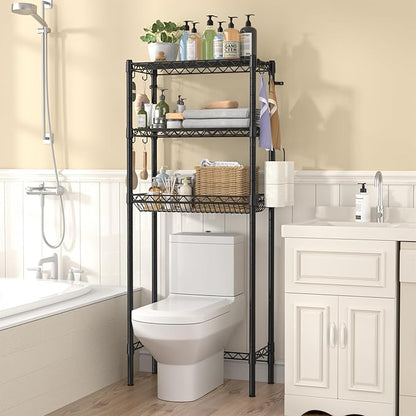 Hodonas Over The Toilet Storage Shelf, Adjustable Bathroom Organizer with Toilet Paper Holder & 8 Hooks, 3 Tier Sturdy Metal Space Saver for Bathroom/Kitchen, Easy Assembly Above Toilet Shelf, Black