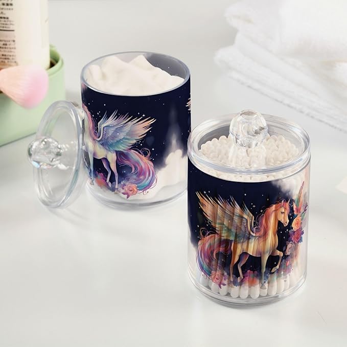 MNSRUU 2 Pack Qtip Holder Organizer Dispenser Cute Unicorn Pink Bathroom Storage Canister Cotton Ball Holder Bathroom Containers for Cotton Swabs/Pads/Floss