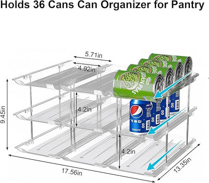 cjc Can Organizer for Pantry, 3 Sets 3 Tiers Can Organizer for Fridge, Clear Automatic Rolling Soda Pantry Organizers for 36 Cans, Stackable Storage Rack for Kitchen Cabinet