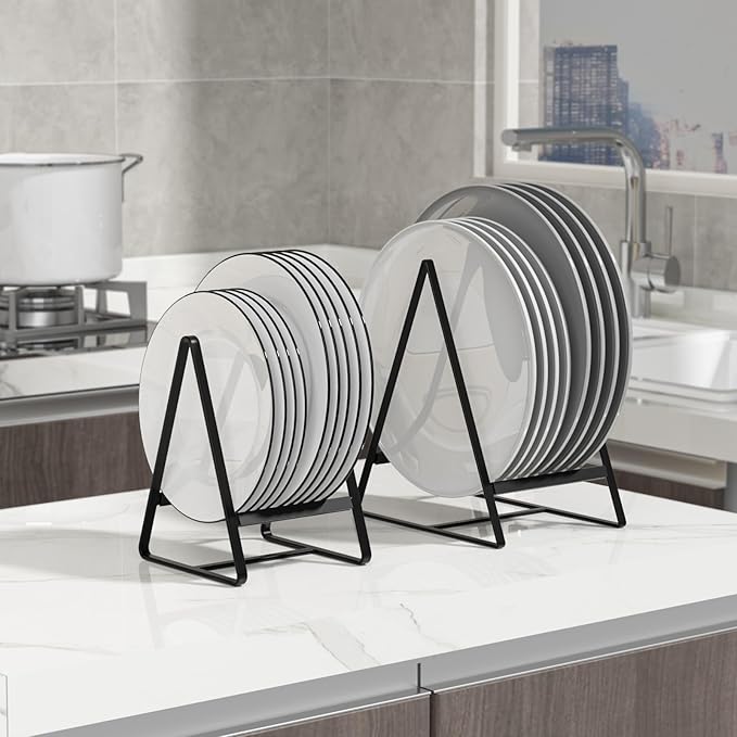 Hikinlichi 2 Pack Triangle Plate Holders Organizers Large Upright Cabinet Dish Drying Racks Metal Plate Dish Organizers Racks Stands for Countertop and Cupboard Black