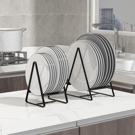 Hikinlichi 2 Pack Triangle Plate Holders Organizers Large Upright Cabinet Dish Drying Racks Metal Plate Dish Organizers Racks Stands for Countertop and Cupboard Black