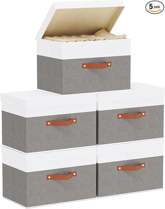 Storage Bins with Lids, Storage Baskets, 17.7 x 11.8 x 11.8 Inch Collapsible Boxes with Handles for Shelves Bedroom, White and Grey, 5-Pack