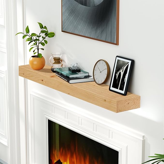 ROOMTEC Fireplace Mantel,48" Wood Floating Fireplace Shelves,Wall Mounted Wooden Display Shelving,Handcrafted Wood Brack,Natural Mantels Over Fireplace | 48" x 8" x 3"-Clear Varnished Natural Wood