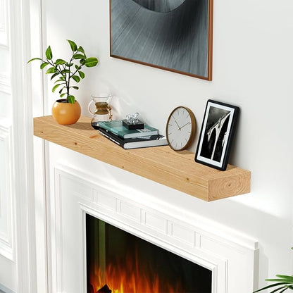 ROOMTEC Fireplace Mantel,48" Wood Floating Fireplace Shelves,Wall Mounted Wooden Display Shelving,Handcrafted Wood Brack,Natural Mantels Over Fireplace | 48" x 8" x 3"-Clear Varnished Natural Wood