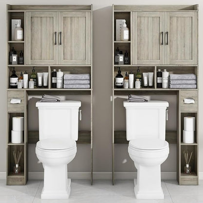Farmhouse Storage Cabinet Over Toilet with 2 Barn Doors & Toilet Paper Holder Stand, Space-Saving Bathroom Rack