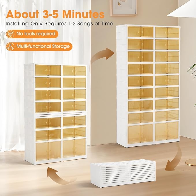 LAFORMO Folding Shoe Rack Storage Device,Large Plastic Folding Shoe Cabinet, Easy to Assemble Shoe Rack Storage Cabinet with Transparent Door Magnetic Buckle(9Tiers,36Pairs)