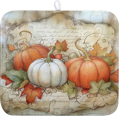 Wnoesat Fall Pumpkin Maple Leaf Dish Drying Mat for Kitchen Counter 16x18 Inch Vintage Autumn Leaves Thanksgiving Drying Mat Seasonal Ultra Absorbent Dish Drainer Rack Mats for Coffee Bar Kitchen