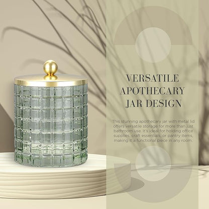 Indecor Home Sage Colored Tranlucent Apothecary Etched Geometric Grid Glass Jar W/Gold Metal Lid Cover for Bathroom Organization, Cotton Balls, Q Tips, and Small Accessories, Bathroom Storage