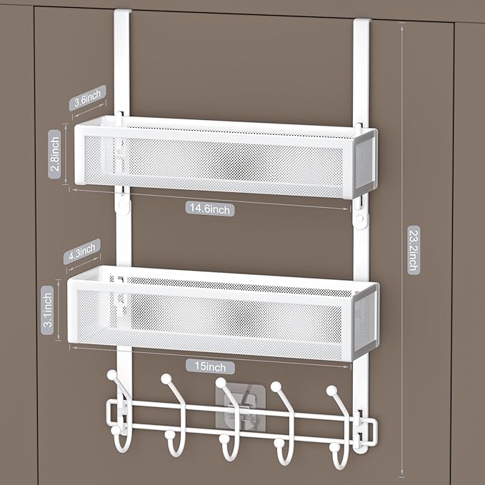 Aimeaihe Adjustable Over The Door Hooks Organizer, Door Hanger Coat Rack with 2 Mesh Baskets and 10 Hooks, Back of Door Storage Organizer for Bedroom,Bathroom,Kitchen (White)