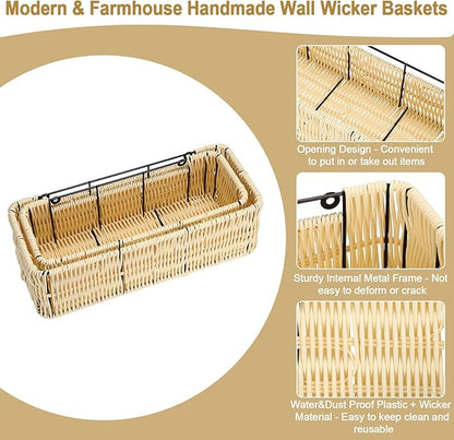 OwnMy Plastic Wicker Hanging Basket for Kitchen, Set of 2 Wall Storage Baskets Hanging Fruit Vegetable Basket for Kitchen Cabinet Pantry Organizing, Bathroom Toilet Paper Storage Baskets Organizers