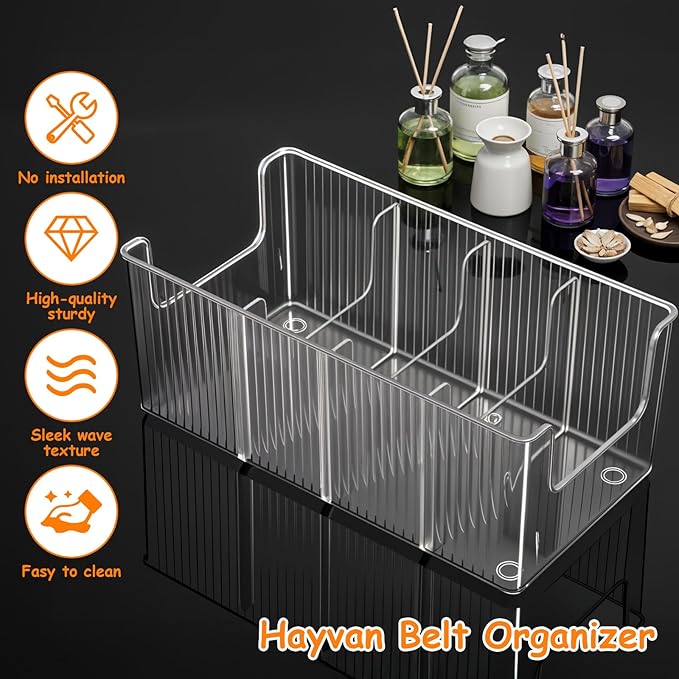 Afcabakila 2-Pack Belt Storage Organizer, Acrylic Belt Organizer with 8 Detachable Compartments, Clear Belts Holder for Closet & Drawer, Fits Most Sizes, Space-Saving Design for Ties, Bows & Jewelry