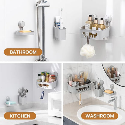 LEVERLOC Shower Caddy Suction Cup Set Shower Organizer & Soap Holder & Toothbrush Holder, Bathroom Shelf Basket NO-Drilling, Removable Suction Storage Waterproof Bathroom Caddy, Gray
