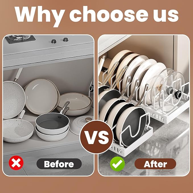 WODHMIEY 2 Pcs Pots and Pans Organizer Under Cabinet - Expandable Pull Out Cabinet Organizer for Pots and Pans, Pan and Lid Organizers Inside Cabinet, Adjustable Storage Rack (WHITE)