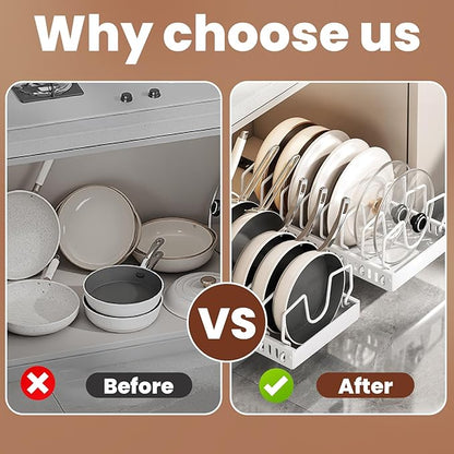 WODHMIEY 2 Pcs Pots and Pans Organizer Under Cabinet - Expandable Pull Out Cabinet Organizer for Pots and Pans, Pan and Lid Organizers Inside Cabinet, Adjustable Storage Rack (WHITE)