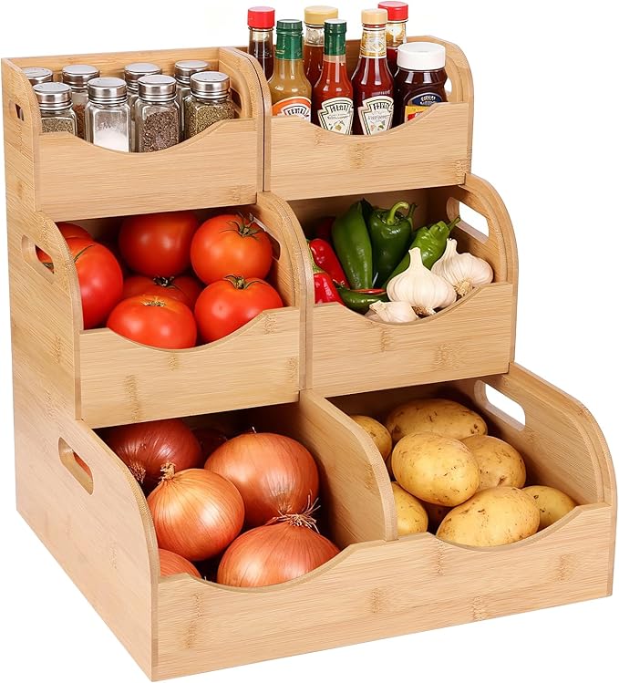 Bamboo Pantry Storage Bins – Potato & Onion Organizer, 3 Tier Stackable with Ventilated Design & Handles for Fruits, Vegetables, Kitchen Countertop, Pantry & Living Room