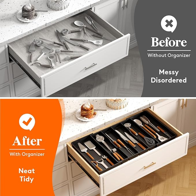 Lifewit Utensil Organizer for Kitchen Drawers, Expandable Cooking Utensil Tray, Adjustable Cutlery Silverware Flatware Holder, Plastic Spatula Tools and Gadgets Storage Divider, Black, 18"-30" x 18.5"