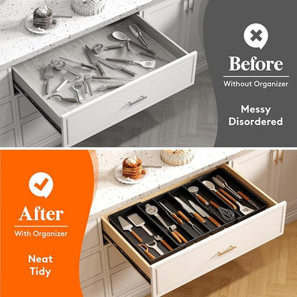 Lifewit Utensil Organizer for Kitchen Drawers, Expandable Cooking Utensil Tray, Adjustable Cutlery Silverware Flatware Holder, Plastic Spatula Tools and Gadgets Storage Divider, Black, 18"-30" x 18.5"