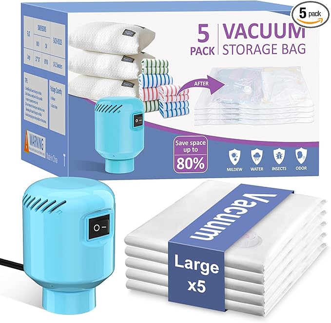 Vacuum Seal Bags for Clothing Travel, 5 Pack Space Saver Vacuum Storage Bags with Electric Pump,Portable Compression Sealer for Clothes, Blankets, Bedding & Travel,Good for Storage and Organization