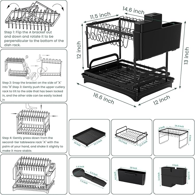 2-Tier Dish Drying Rack for Kitchen Counter - Space-Saving Dish Drainer with Extendable Drainboard, Removable Cutlery Holder, Cup & Knife Slots, Multifunctional Plate & Bowl Organizer (Black)