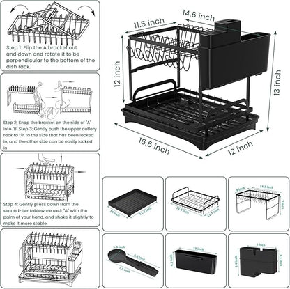 2-Tier Dish Drying Rack for Kitchen Counter - Space-Saving Dish Drainer with Extendable Drainboard, Removable Cutlery Holder, Cup & Knife Slots, Multifunctional Plate & Bowl Organizer (Black)