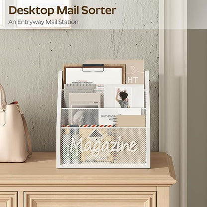 Magazine Holder, Wood Magazine Rack Floor, Mail Organizer Countertop, Magazine Mail Holder Sorter, Record Holder for Magazines, Books, Newspapers, Tablets, White MR02WW