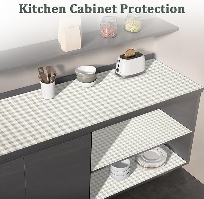 Shelf Liner for Kitchen Cabinets 18" x 240" Non-Adhesive Non-Slip Drawer Liners for Dresser, Waterproof Washable Paper, Durable Protector Mat for Pantry Shelves Cupboards, Green Plaid