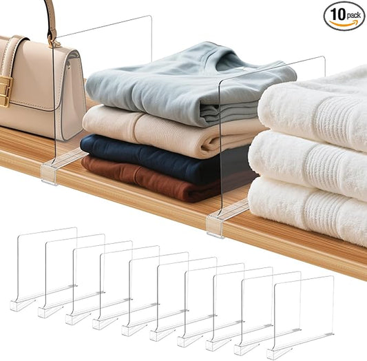 10 Pack Clear Shelf Dividers for Closets, Acrylic Dividers for Shelves, Closet Shelf Divider for Organization,Organizers & Separators for Shelf Storage, Home Closets, Cabinets