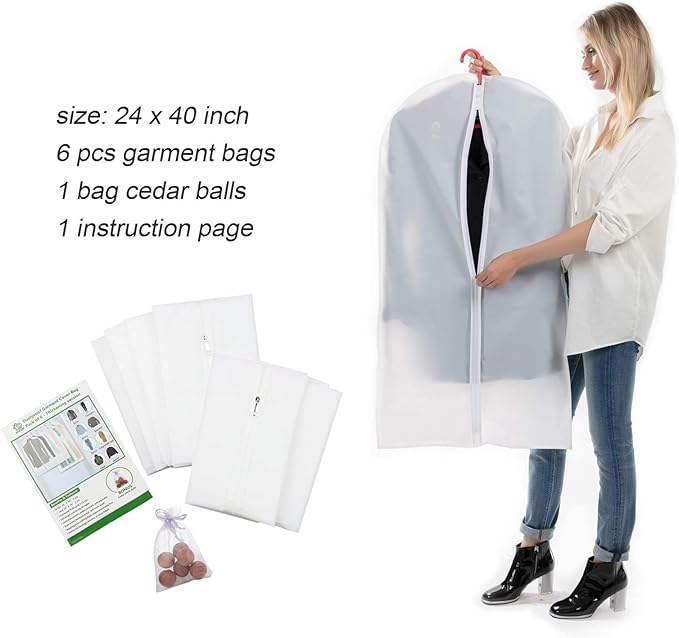 dust proof garment bags - set of 6 pcs 40 inch hanging clothing storage bags and cedar balls,for jacket, shirt, sweater, suit