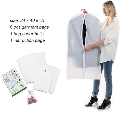 dust proof garment bags - set of 6 pcs 40 inch hanging clothing storage bags and cedar balls,for jacket, shirt, sweater, suit