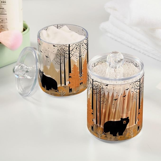 MNSRUU 4 Pack Qtip Holder Organizer Dispenser Black Bear Forest Pink Bathroom Storage Canister Cotton Ball Holder Bathroom Containers for Cotton Swabs/Pads/Floss