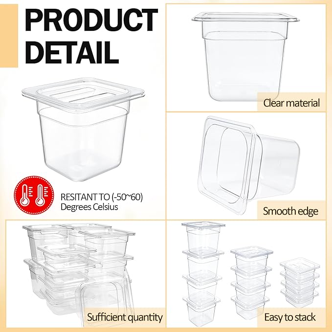 Tioncy 12 Pcs Clear Food Pans with Lids Salad Bar Containers Plastic Pan Salad Bar Containers Commercial Food Storage Transparent Hotel Pans for Vegetables Fruits Beans Corns 2.5'' 4'' 6'' Deep