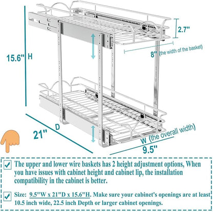 OCG 2 Tier Pull Out Cabinet Organizer (9.5" W x 21" D), Pull Out Drawers for Kitchen Cabinets, Pull Out Shelves for Base Cabinet Organization in Kitchen Bathroom Pantry, Chrome Finish