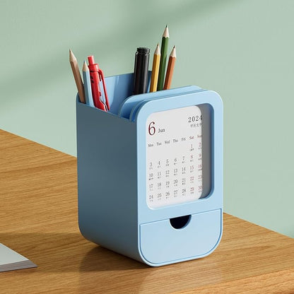 Upgraded Pen Holder with Built-in Calendar - Modern Desk Organizer for Office, School, Home, Premium Silicone Design with Chic Aesthetic, Multi-Functional Stationery & Makeup Storage - Blue