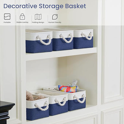Storage Baskets for Shelves 11.8x7.9x5.2 Inch, Foldable Fabric Storage Bins with Handles, Small Storage Baskets for Organizing Closet, Office, Home Organization (3-Pack, White&Blue)