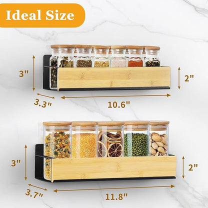 Kitchen Spice Rack Wood: 2 Packs Black Iron and Wooden Adhesive Wall Mount - 11.8" Large Hanging Storage Organizer Cabinet Without Drilling for Smooth Wall