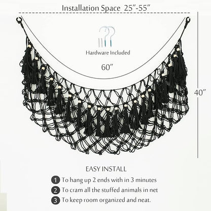 Stuffed Animal Hammock Wall Mounted Hanging Net for Stuffed Animal Storage Holder Handmade Macrame Toy Hammock Boho Nursery Organizer Plushies Net(Black)