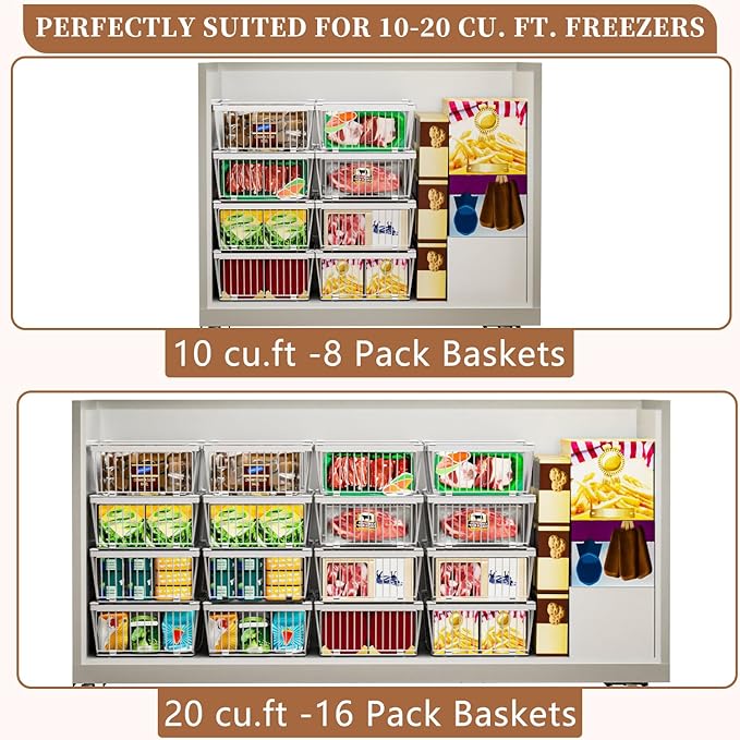 ANJUBAN Large Freezer Organizer Bins，Upgraded Bottom Leak-Proof net，2 Pack， Expandable Stackable Chest Freezer Containers with Handle，for Fridge, Deep Freezer, Cabinet, Kitchen, Pantry (White-2Pack)