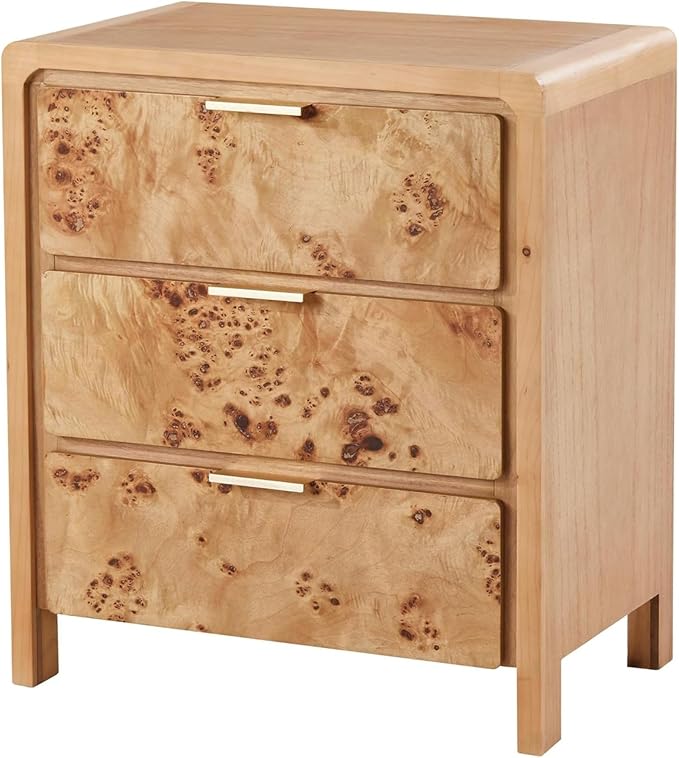 Burl Finish 3 Drawer Nightstand, Wood Rustic Farmhouse Dresser, Vintage Accent Storage Bedside Table for Bedroom Entryway, Fully Assembled, Natural