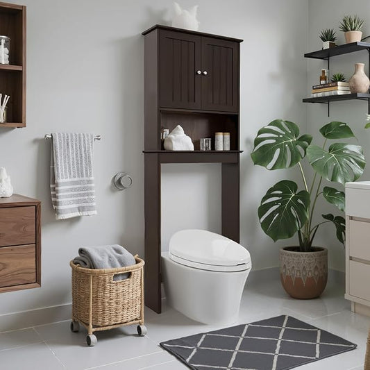 GORZING Over The Toilet Storage Cabinet, Behind Toilet Bathroom Organizer with Adjustable Shelves, Above Toilet Organizers with Barn Door, Space Saver for Restroom, Bathroom, Laundry