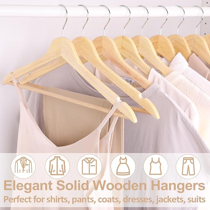ROSOS Wooden Hangers 20 Pack, Solid Wood Hanger with 360 Swivel Chrome Hook, Smooth Finish & Precisely Cut Notches, Slim Wooden Coat Hangers for Closet, Natural