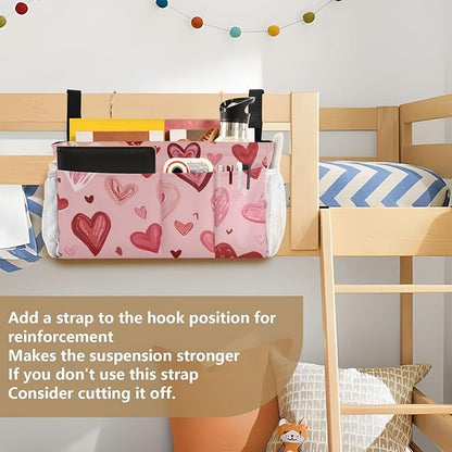 CuwrYet Bedside Caddy Hanging Bunk Bed Caddy Bed Organizer Hanging Pocket with 2 Hooks Bedside Storage Organizer Pocket Bag Holder Pink Cute Hearts