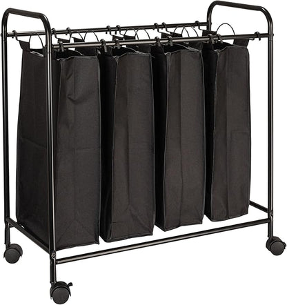 Household Essentials Rolling Laundry Sorter, 4 Bag Laundry Sorter Cart with Washable and Removable Bags, Black
