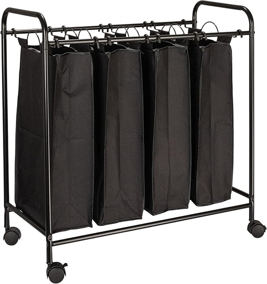 Household Essentials Rolling Laundry Sorter, 4 Bag Laundry Sorter Cart with Washable and Removable Bags, Black