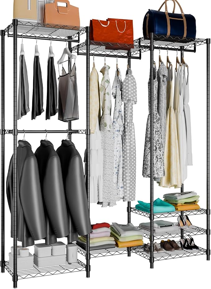 Portable Clothes Rack Max Load 900LBS | Heavy Duty Closet Wardrobe | 68.1" W x 14.6" D x 76.3" H | Freestanding Clothing Rack with 4 Hang Rods & 8 Shelves | Black